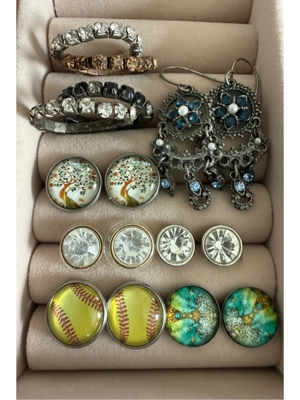 Jewelry Lot Earrings & Rhinestone Rings | 6 Pairs Earrings + 4 Stretch Rings